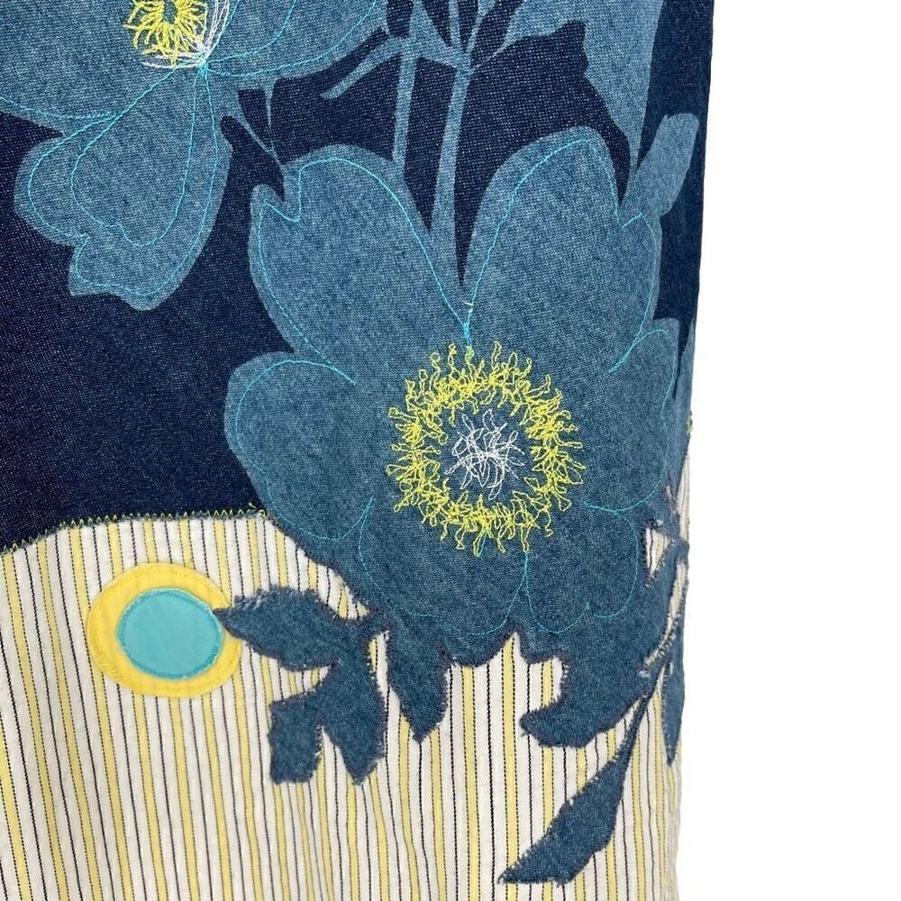 Ted Baker Denim A-Line Applique Midi Skirt Cotton Floral Blue Yellow Women 2 - Picture 2 of 7